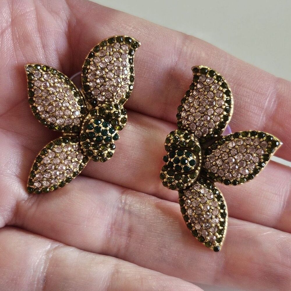 STELLA & DOT Flower Pink Green Pave Rhinestone Pierced Earrings - Picture 2 of 12